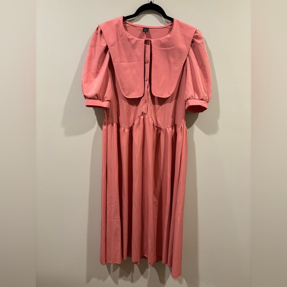 SHEIN Pink Pleated Midi Dress with Puff Sleeves and Sailor Collar